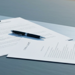 Dokumente und Stift auf polierter Metalloberfläche symbolisieren ein Option Agreement im Bergbau