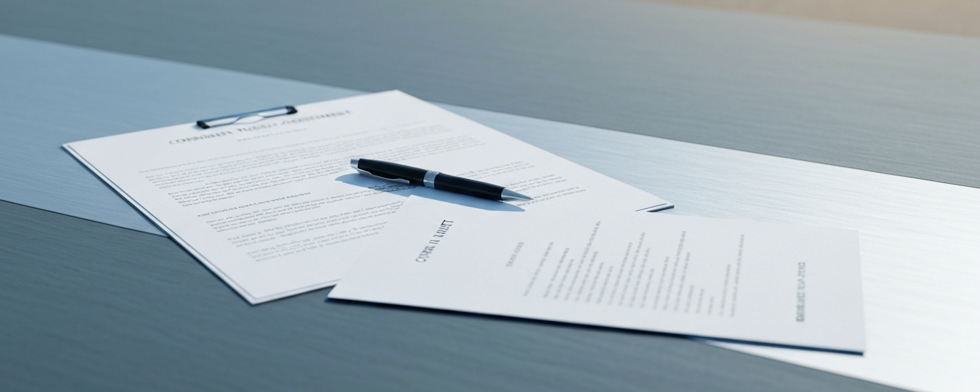 Documents and pen on a polished metal surface symbolizing an option agreement in mining