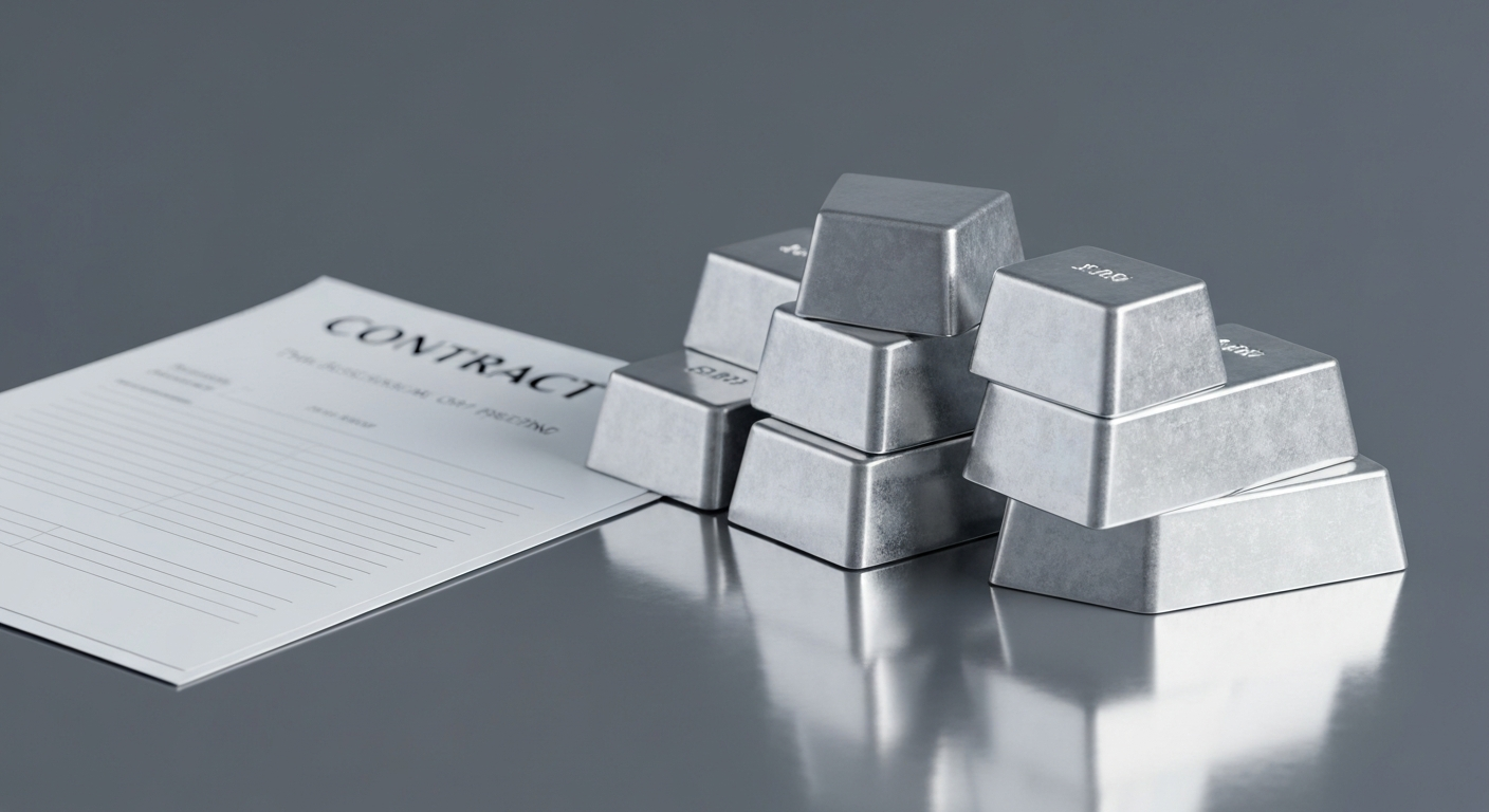 Stacked silver bars next to contract documents on a reflective metal surface