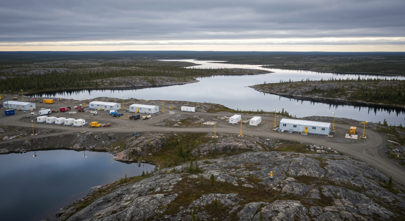 Aerial view of an exploration camp in the boreal terrain of the Athabasca Basin, Saskatchewan