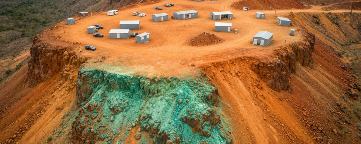 Luftaufnahme eines abgelegenen Kupfer-Gold-Explorationslagers in Papua-Neuguinea mit rötlichem Gestein und grüner Malach