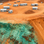 Luftaufnahme eines abgelegenen Kupfer-Gold-Explorationslagers in Papua-Neuguinea mit rötlichem Gestein und grüner Malach