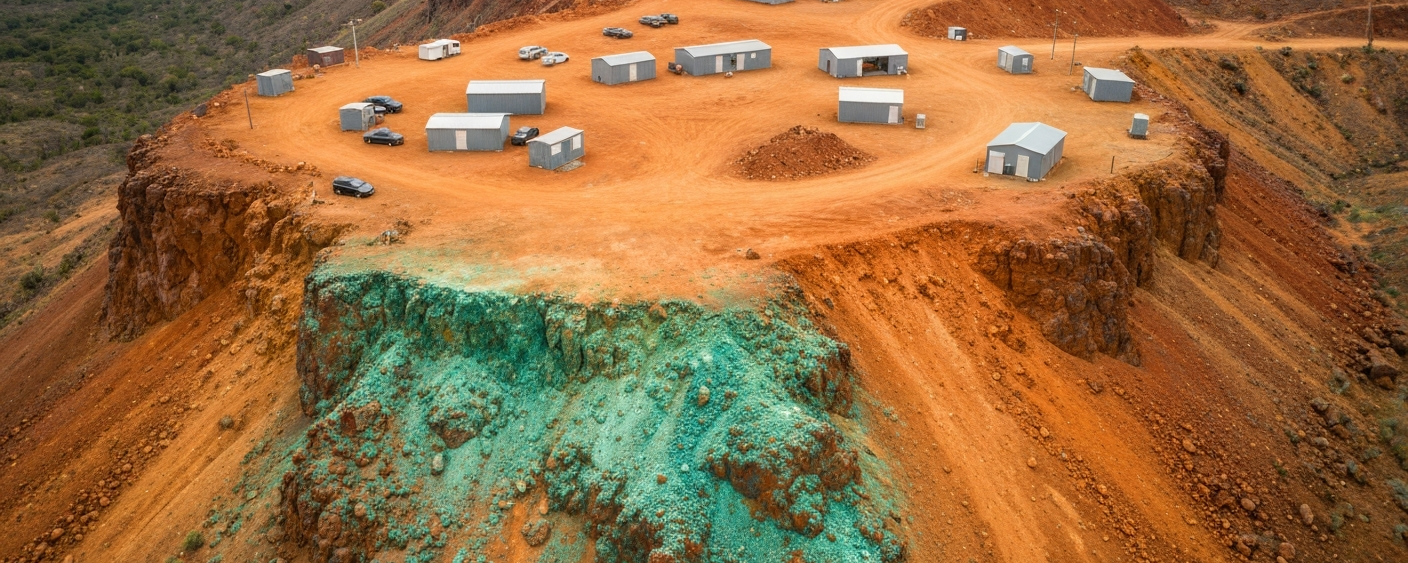 Luftaufnahme eines abgelegenen Kupfer-Gold-Explorationslagers in Papua-Neuguinea mit rötlichem Gestein und grüner Malachit-Oxidation