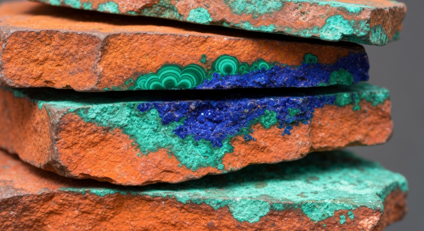 Nahaufnahme von Kupfererz-Proben mit blau-grüner Malachit- und Azurit-Oxidation auf rötlich-orangem Gestein