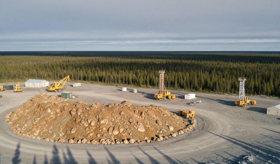 Luftaufnahme eines Bohrcamps in Nordkanada mit goldbraunen Gesteinsformationen und blauen Waldschatten