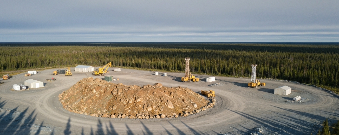 Luftaufnahme eines Bohrcamps in Nordkanada mit goldbraunen Gesteinsformationen und blauen Waldschatten
