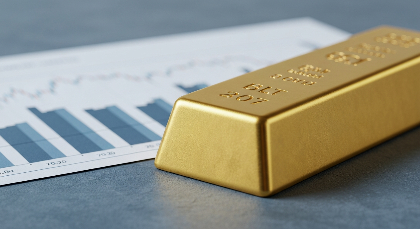 Polierter Goldbarren auf grauem Untergrund neben einem Finanzdiagramm als Symbol für Projektbewertung