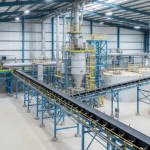 Industrielle Manganverarbeitungsanlage mit modernen Förderbändern und Tanks in heller Hallenumgebung
