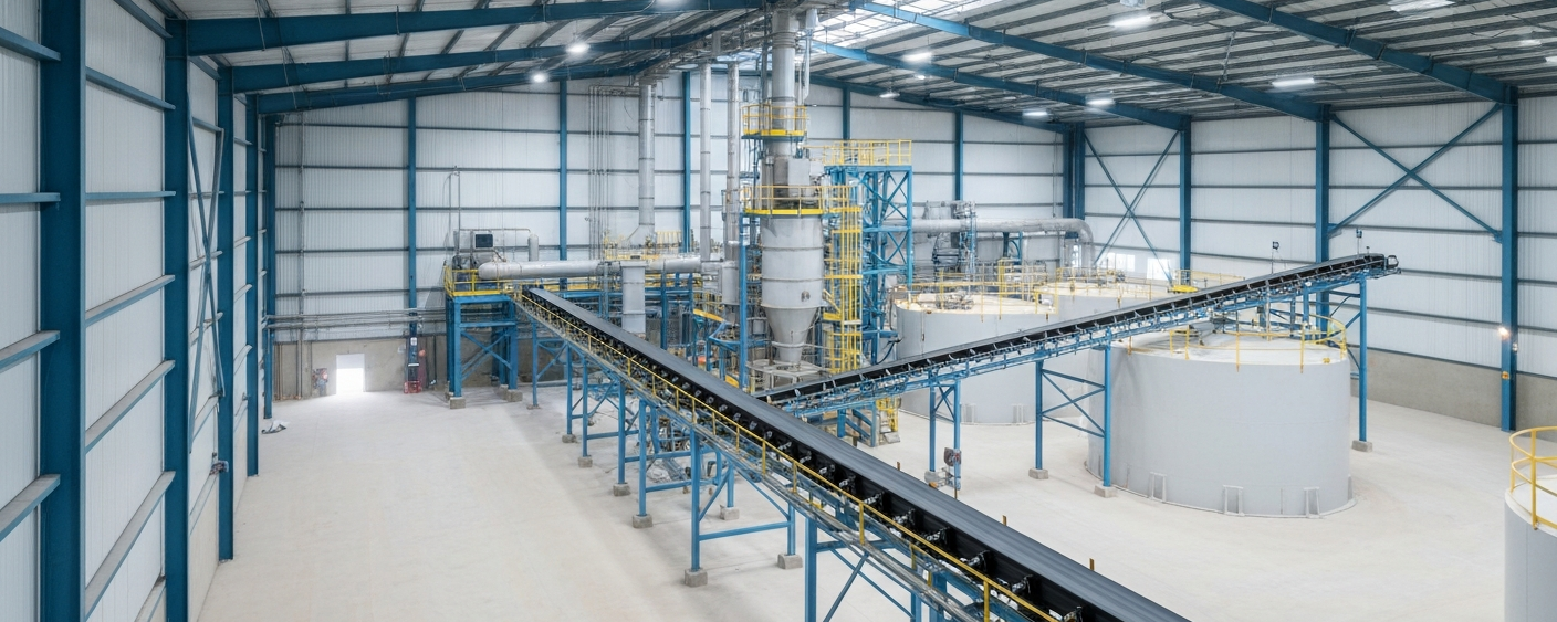 Industrielle Manganverarbeitungsanlage mit modernen Förderbändern und Tanks in heller Hallenumgebung
