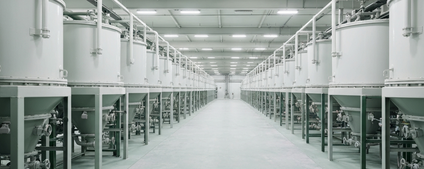 Innenansicht einer Seltenerden-Verarbeitungsanlage mit Mixer-Settler-Tanks unter neutralem Industrielicht