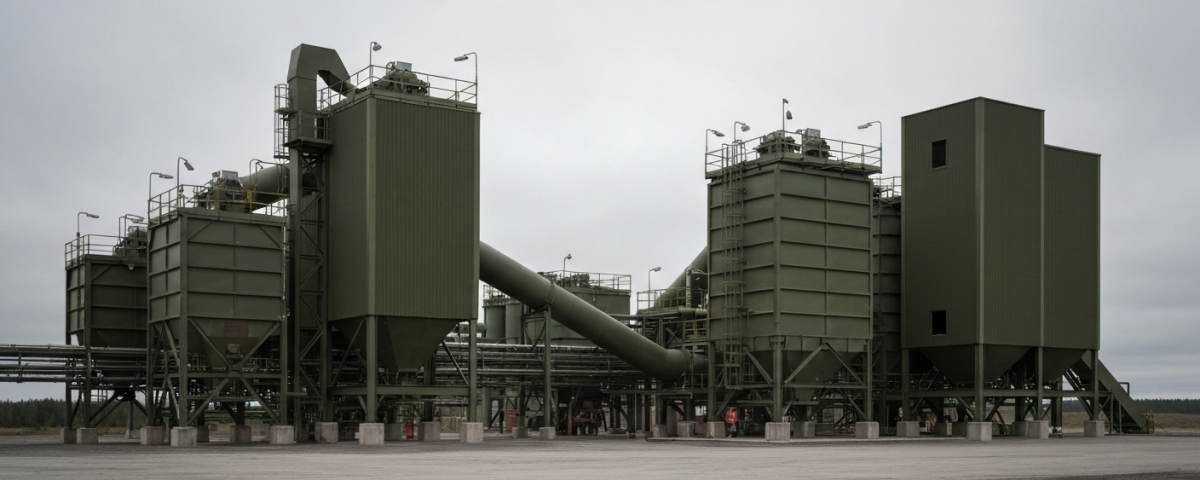 Industrielle Mineralverarbeitungsanlage in Schweden unter bedecktem Himmel, Grau- und Grüntöne