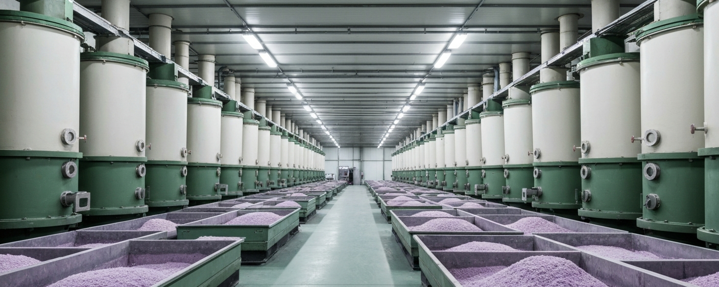 Rare earth processing plant with extraction columns in cool green and white tones