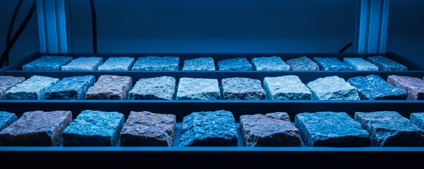 Drill core box with coarse-grained pegmatite samples under cool LED laboratory lighting