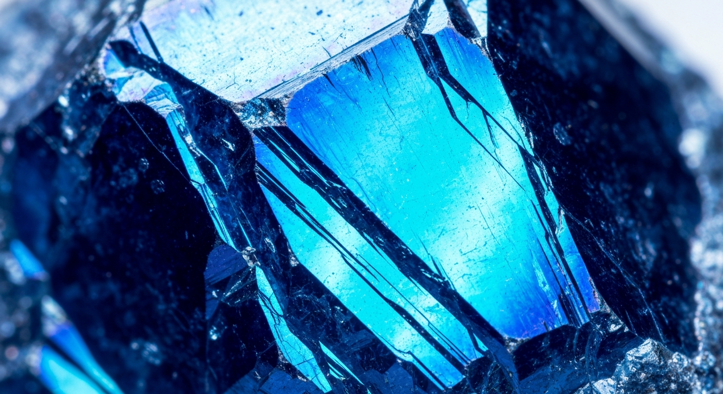 Macro photograph of a spodumene crystal with shimmering cleavage surfaces in blue and cyan tones