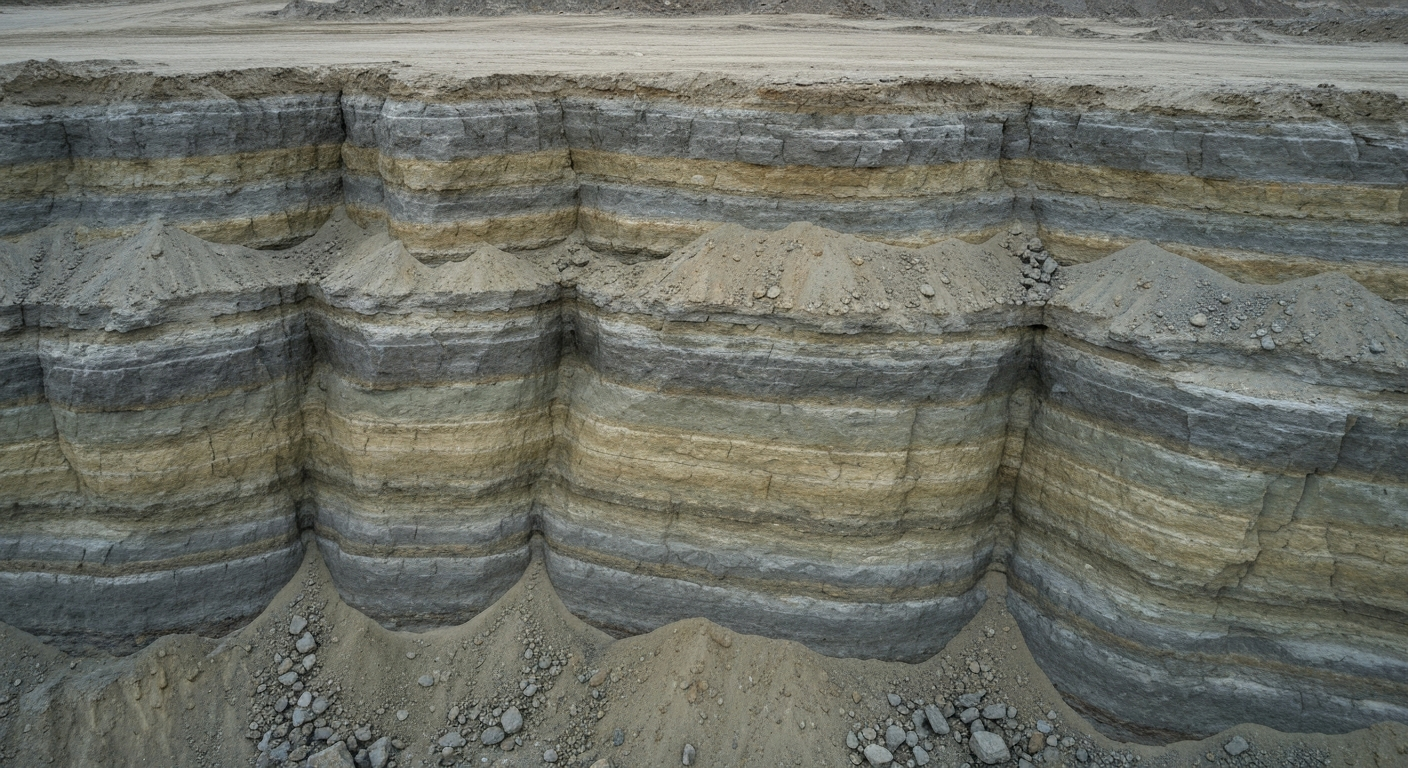 Luftaufnahme von freigelegten Sedimentgesteinsschichten in einem Ausgrabungsgelände in Nevada