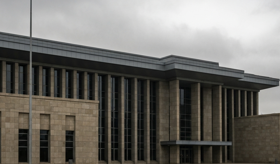Regierungsgebäude-Außenfassade unter bedecktem Himmel, grau-grüne Palette