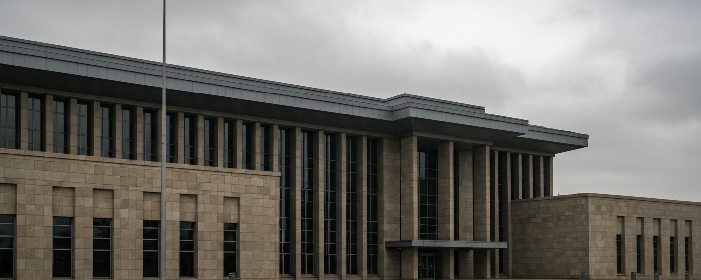 Government building exterior facade under an overcast sky, grey-green color palette