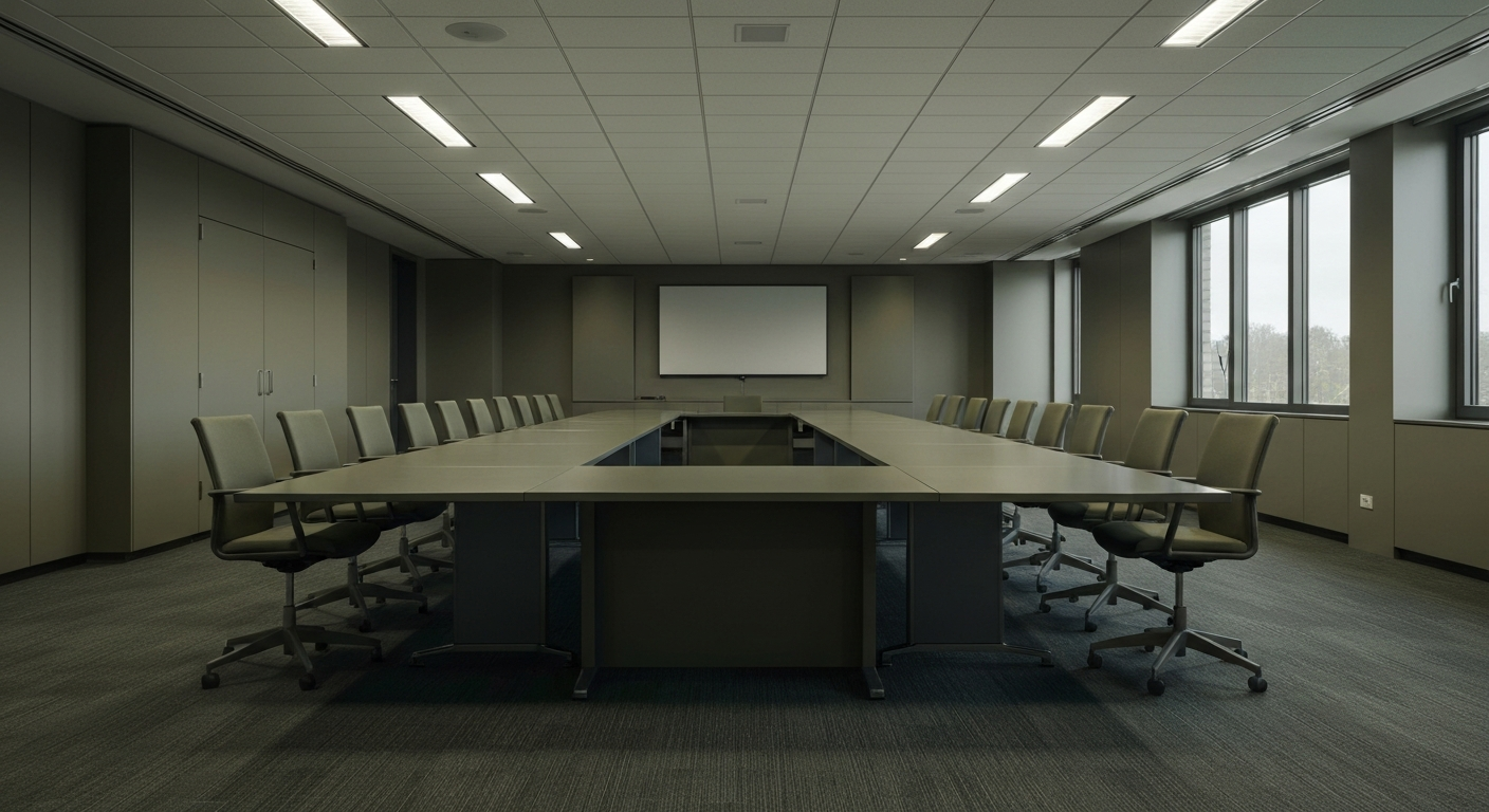 Empty institutional conference room with a long table, muted color tones