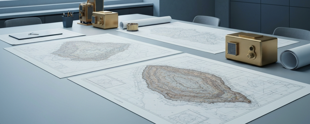 Ingenieure prüfen Bergbaupläne und geologische Karten für eine Pre-Feasibility Study