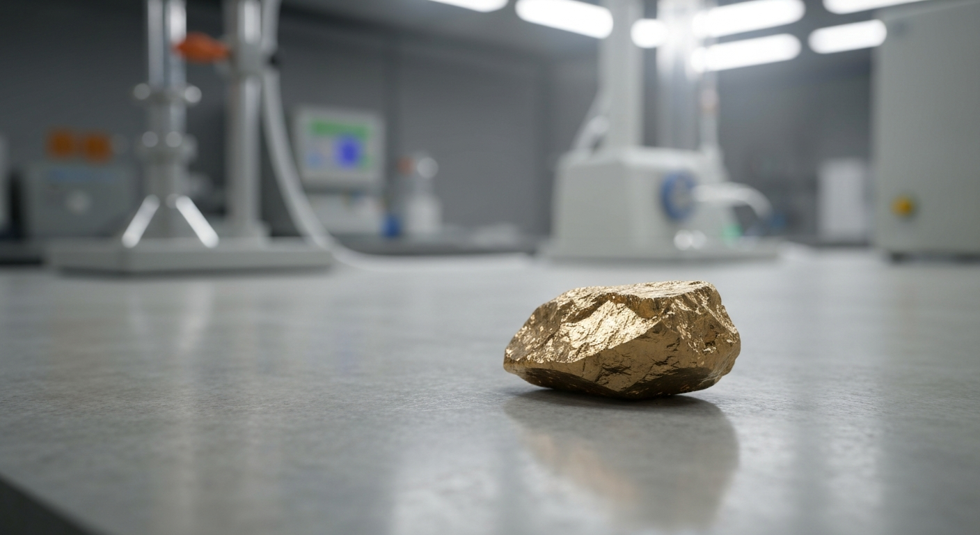 Golderzprobe auf grauer Laborfläche in einer metallurgischen Prüfstation