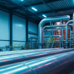 Kupferaufbereitungsanlage mit metallischen Rohrleitungen unter kühlem Industrielicht