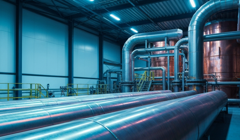 Kupferaufbereitungsanlage mit metallischen Rohrleitungen unter kühlem Industrielicht