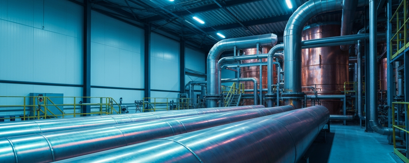 Kupferaufbereitungsanlage mit metallischen Rohrleitungen unter kühlem Industrielicht