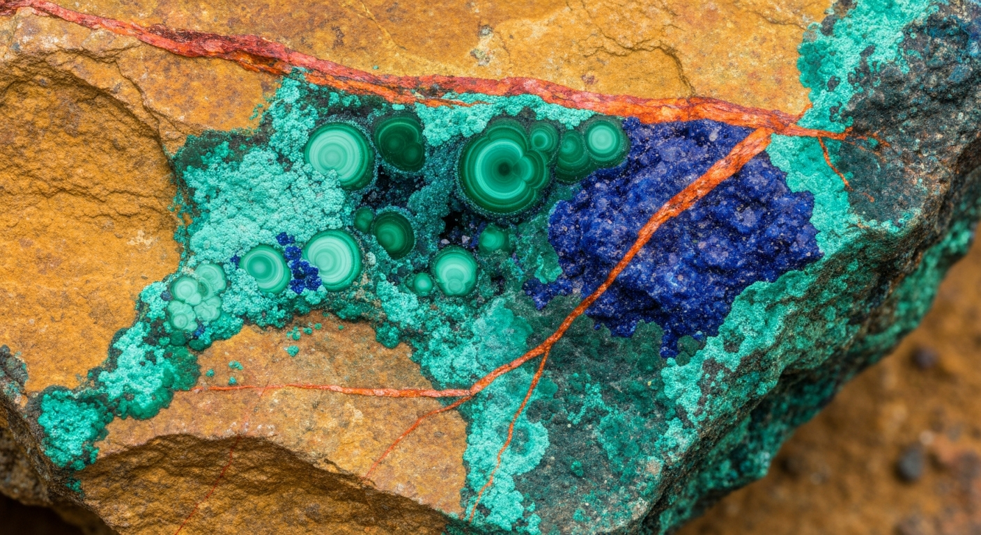 Kupfererz mit blau-grüner Malachit-Oxidation – Mineralprobe aus dem Kupferbergbau