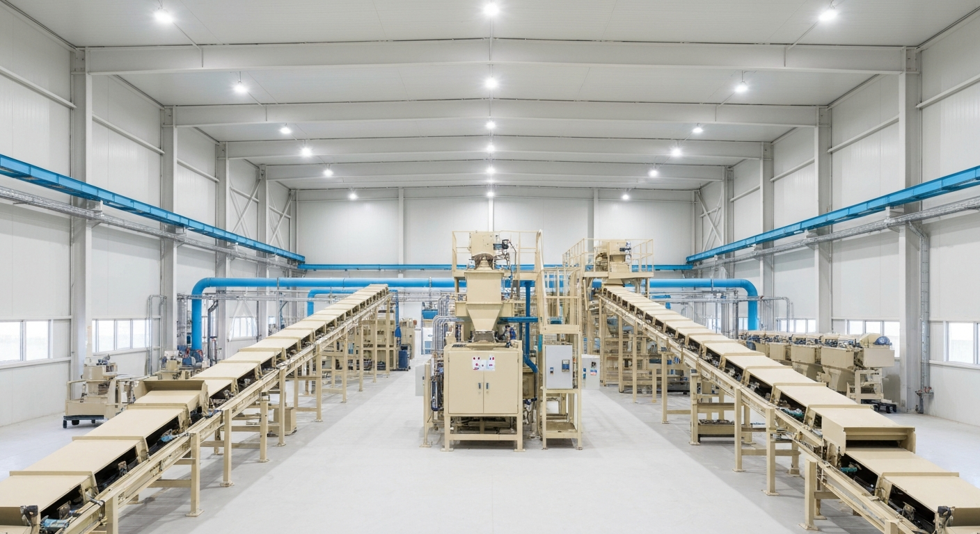 Innenansicht einer Lithiumcarbonat-Verarbeitungsanlage mit hellen Wänden und industriellen Fördersystemen