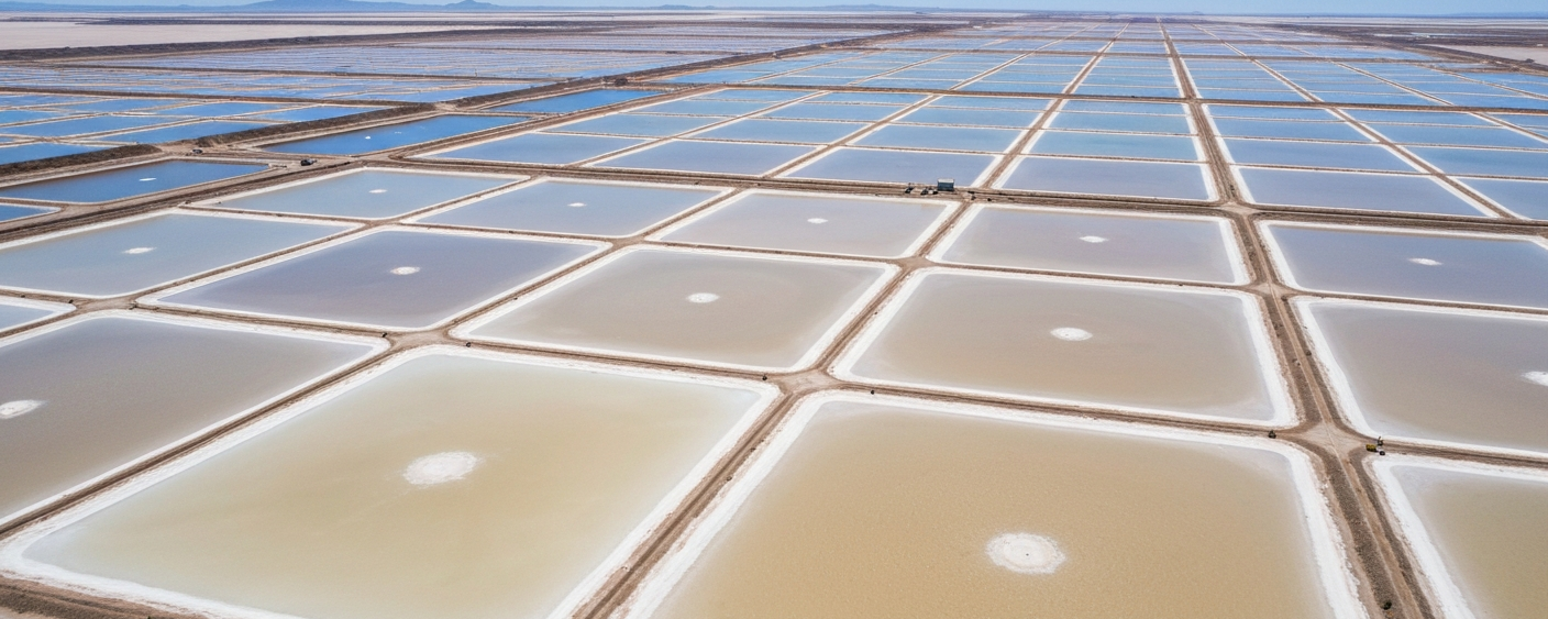 Luftaufnahme einer Lithium-Verdunstungsanlage in einem Salzsee mit geometrischen Teichen in Beige- und Blautönen