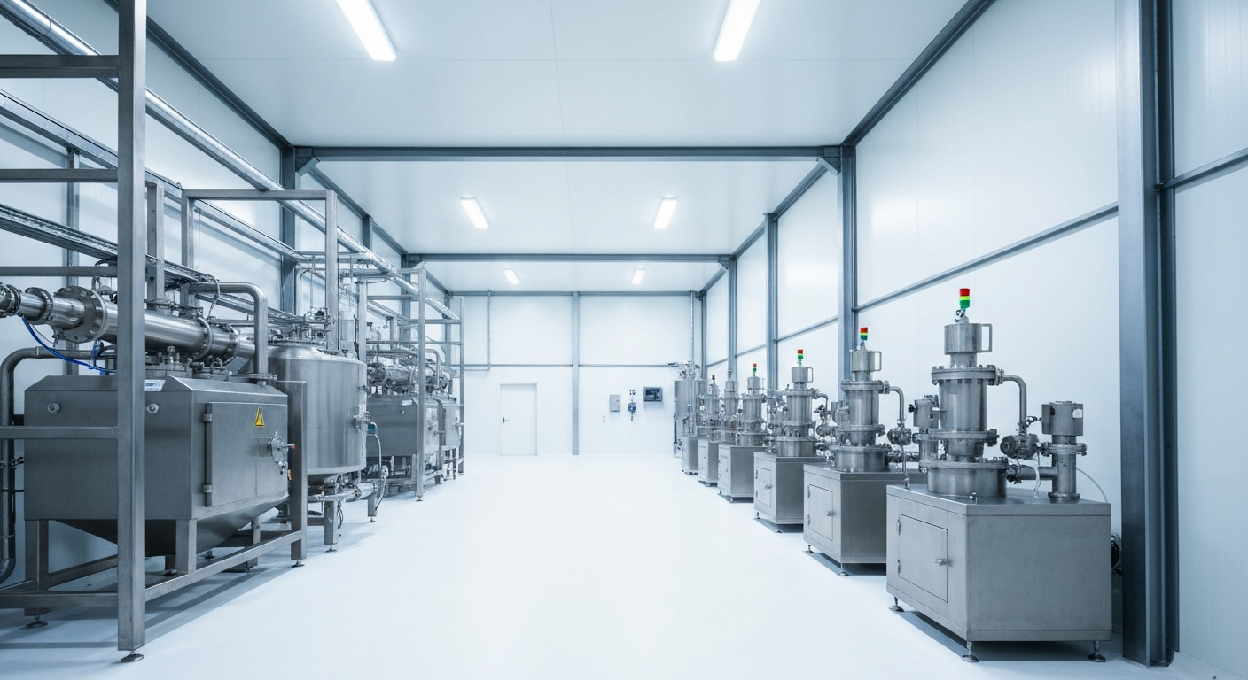 Innenansicht einer Lithiumcarbonat-Verarbeitungsanlage mit Edelstahlausrüstung in hellem Industrieambiente