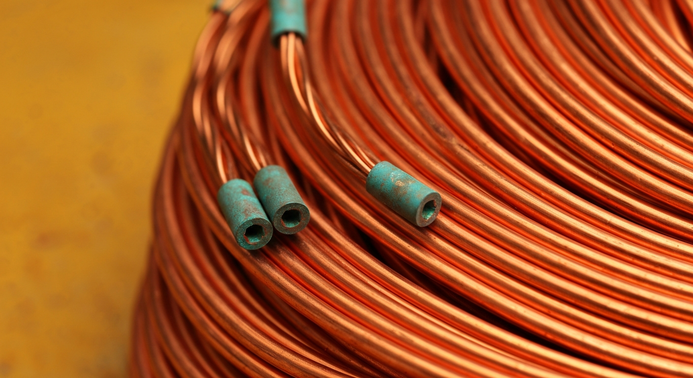 Aufgerollte Kupferkabel mit charakteristischer rötlich-oranger Farbe und blaugrünen Oxidationsspuren