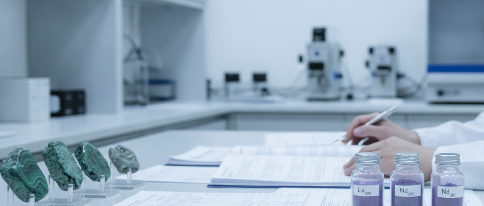 Geologe prüft technische Berichte neben Mineralproben und Seltene-Erden-Oxiden im Labor