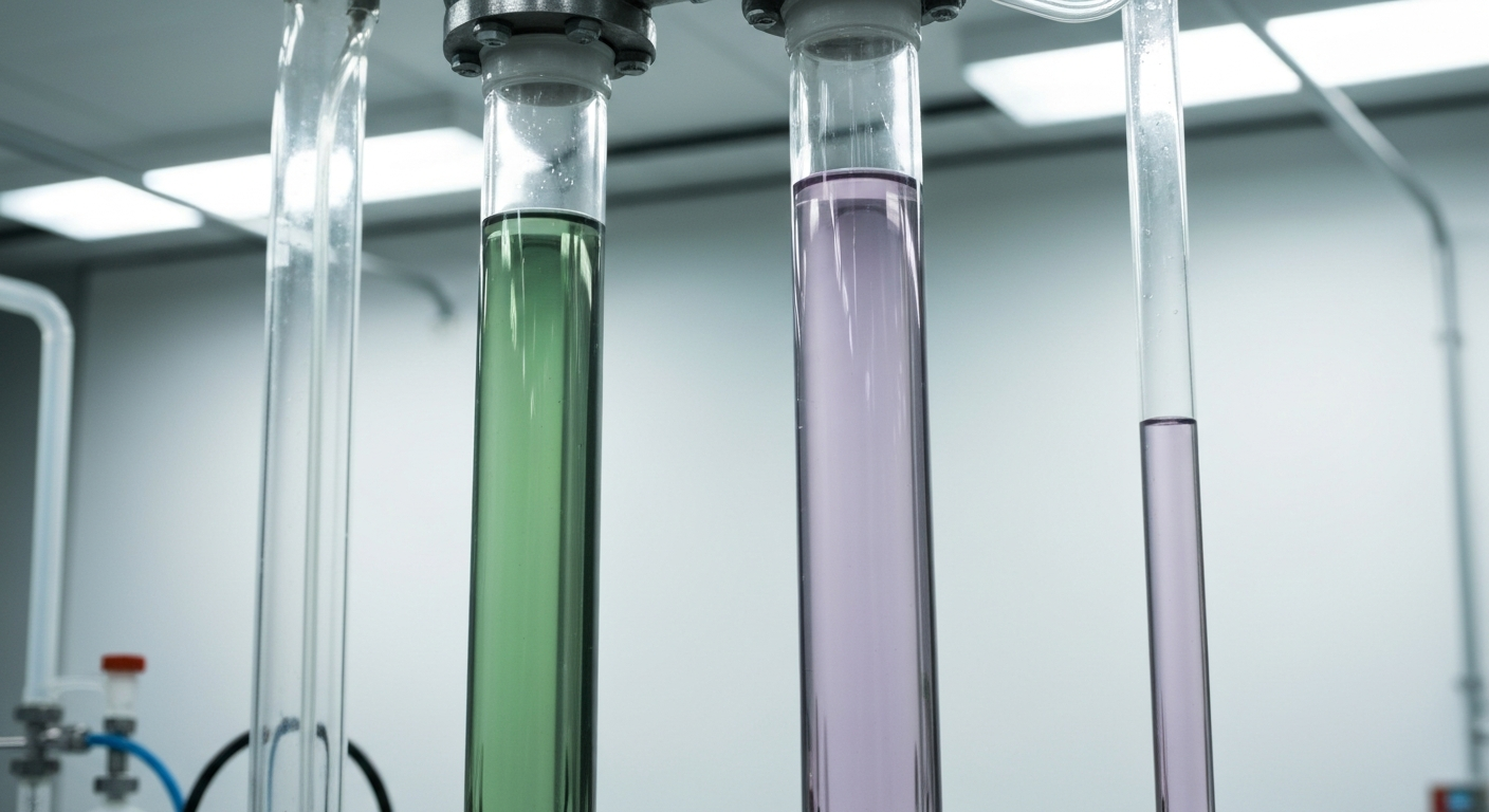 Extraction column in a mineral processing laboratory with green and purple solutions