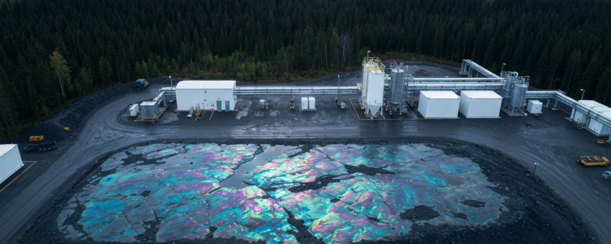 Luftaufnahme eines Lithium-Explorationsprojekts im borealen Wald Québecs mit Verarbeitungscontainern