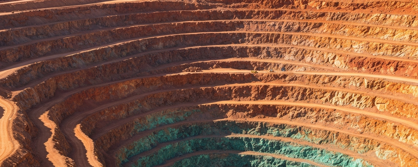 Luftaufnahme eines Kupfer-Tagebaus in Westaustralien mit rötlich-orangen Erzwänden und grünen Malachitadern