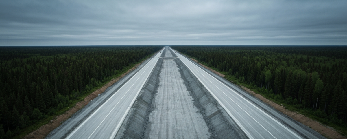 Luftaufnahme eines Straßenbauprojekts im borealen Wald Nordontarios unter bedecktem Himmel