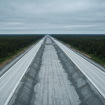 Luftaufnahme eines Straßenbauprojekts im borealen Wald Nordontarios unter bedecktem Himmel