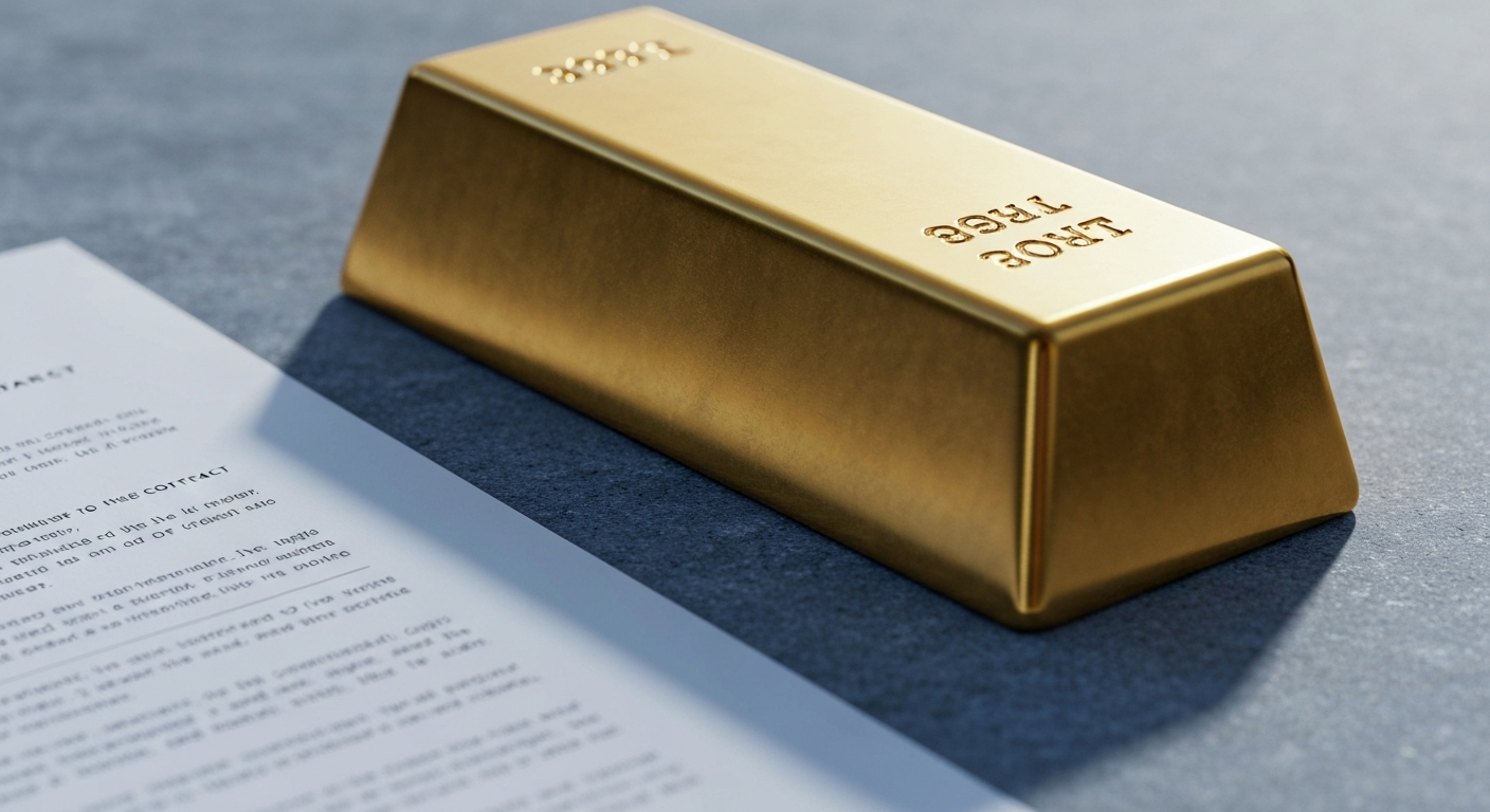 Goldbarren neben einem Vertragsdokument auf grauer Steinoberfläche