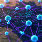 Abstrakte neuronale Netzstruktur über geologischer Karte mit elektrischen Cyan-Datenpunkten