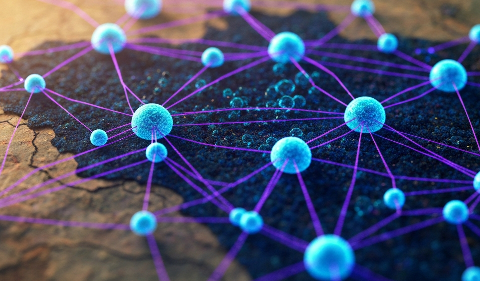 Abstrakte neuronale Netzstruktur über geologischer Karte mit elektrischen Cyan-Datenpunkten