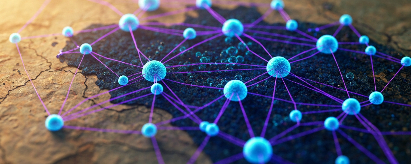 Abstrakte neuronale Netzstruktur über geologischer Karte mit elektrischen Cyan-Datenpunkten