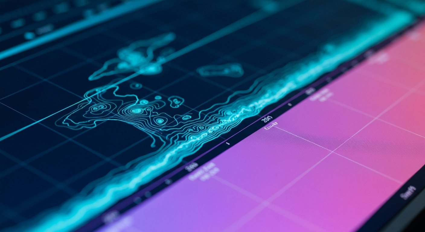 Geophysikalische Heatmap auf Bildschirm mit Scandium-Zielzone in Blau und Lila