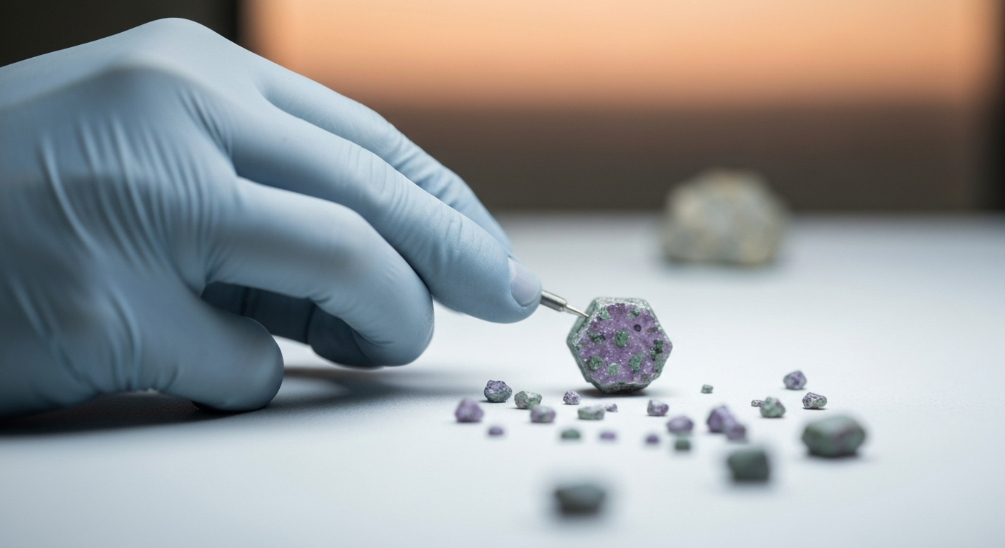 Mineraloge untersucht Bohrkernprobe mit Scandium-haltigen Mineralphasen im Labor
