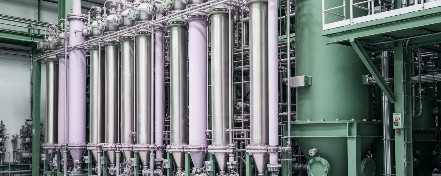 Solvent extraction plant for rare earth processing with green industrial tones and neutral lighting
