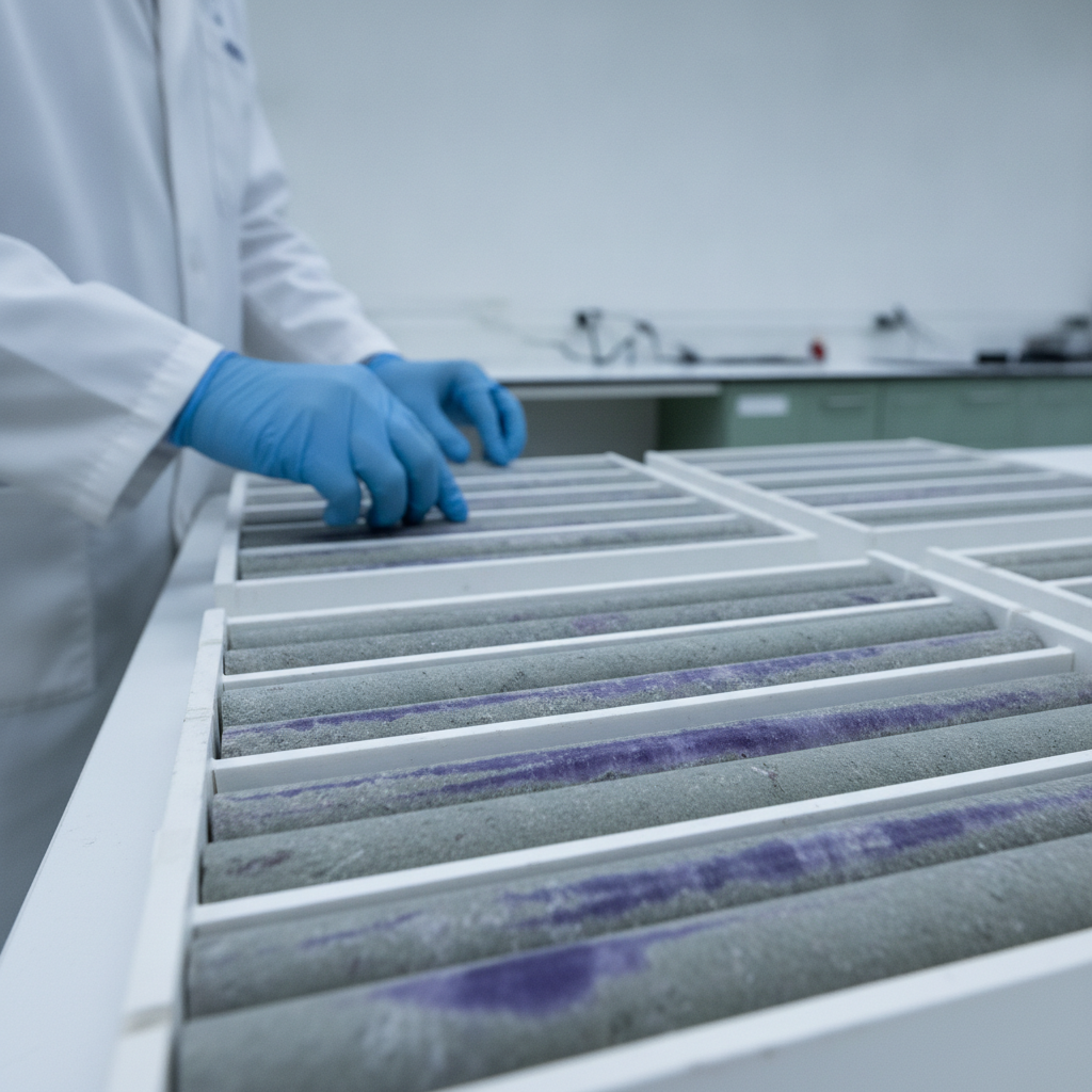 Geologist analyzing drill cores with purple mineral veins in a laboratory setting