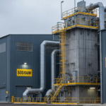 Industrielle Uranmühlenanlage unter bedecktem Himmel in Stahlblau und Betongrau