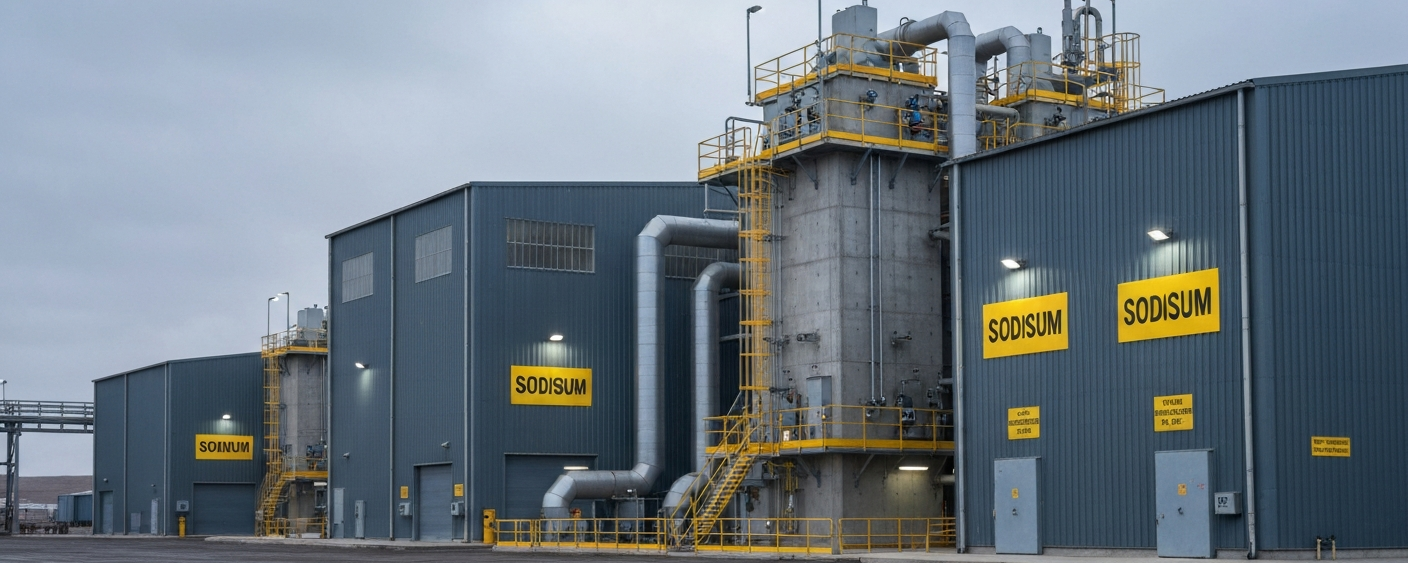 Industrial uranium mill facility under an overcast sky in steel blue and concrete gray