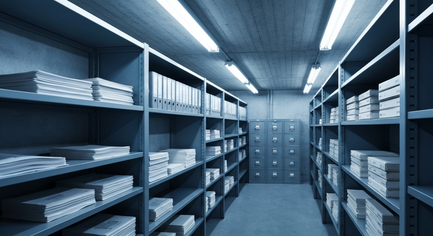Archive room with geological reports and technical documents in an industrial style