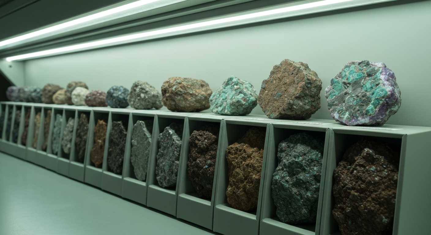 Bohrkernlade mit mineralischen Gesteinsproben und violett-grüner Äderung aus einem Seltenerd-Explorationsprojekt